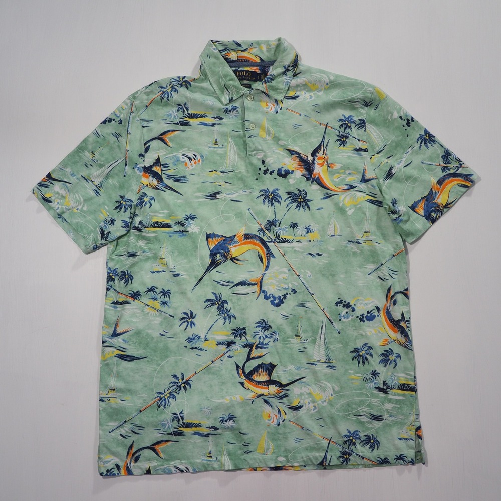 Polo Ralph Lauren Shirt Mens Large Sea Green Marlin Fish Sailboat All Over Print